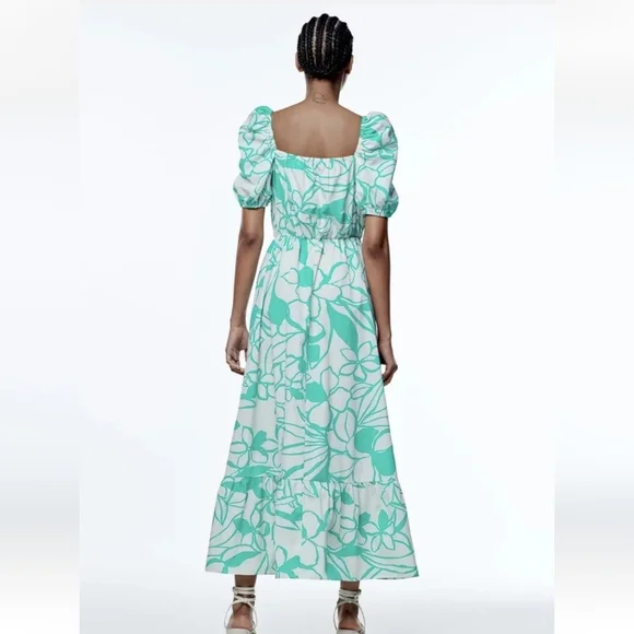 Zara 100% cotton floral print poplin sleeves midi dress - Picture 4 of 5